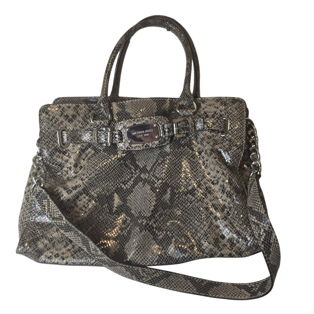Michael Kors brown snake skin print leather Hamilton satchel/crossbody silver
